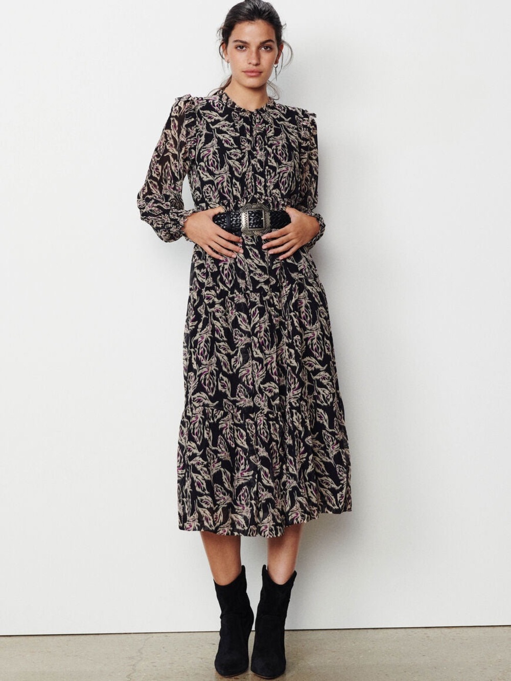 BA&SH Gilda Smocked-Cuff Midi Dress Black Leaf-Print Long Sleeve Small